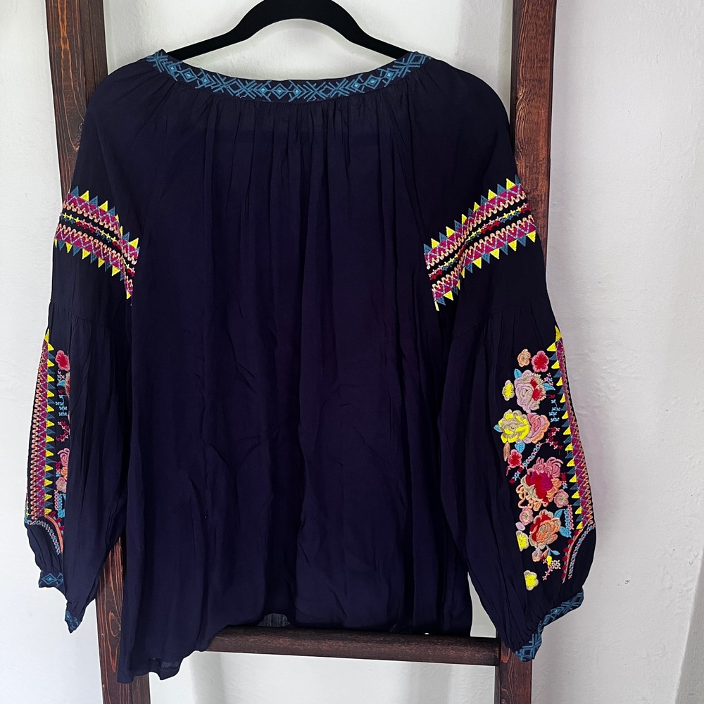 Solitaire Navy Blue Embroidered Boho Peasant Blouse Tassel Tie Large 17-2845 - Picture 2 of 9